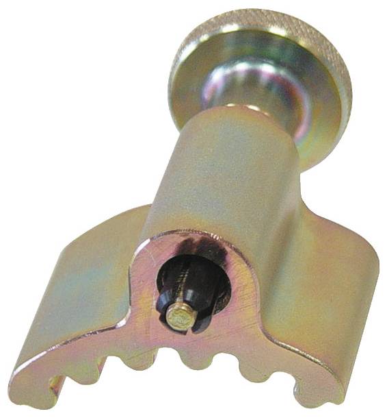 Ein Metall-Sanitärwerkzeug mit Schraubenmechanismus und gezahntem Rand zum Greifen von Rohren, das zum sicheren Befestigen von Rohren verwendet wird.