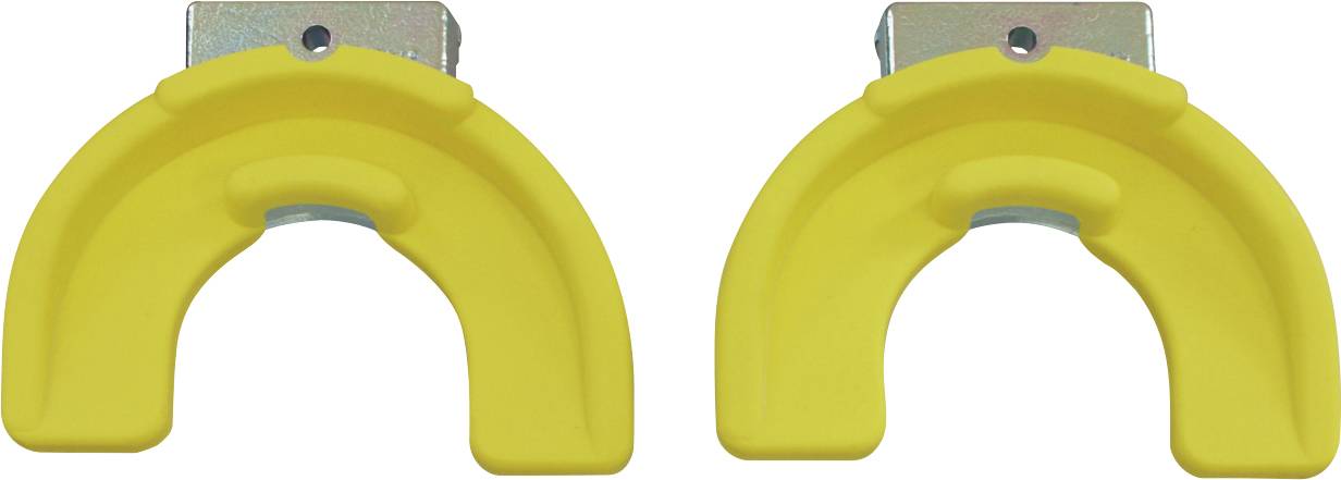 Zwei gelbe, U-förmige Objekte mit Metallplatten oben, wahrscheinlich als Schutzvorrichtungen oder Halterungen verwendet.