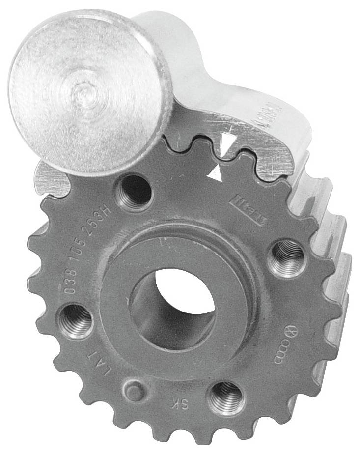 Ein Metallzahnrad mit einer zentralen Bohrung und einer kleinen angebrachten Komponente, das präzise Gravuren und Kerben aufweist und in der Maschinenmontage verwendet wird.