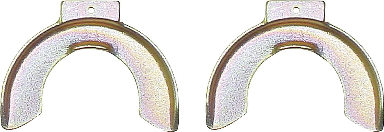 Zwei metallische, halbkreisförmige Wandhaken mit kleinen Bohrungen zur Montage, nebeneinander angeordnet.