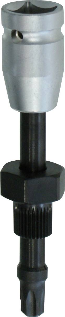 „Ein schwarzes, sechseckiges Metallwerkzeug mit Rillen, das einer Steckverbindung ähnelt. Es ist für die Anpassung an spezifische Hardware oder Maschinen konzipiert.