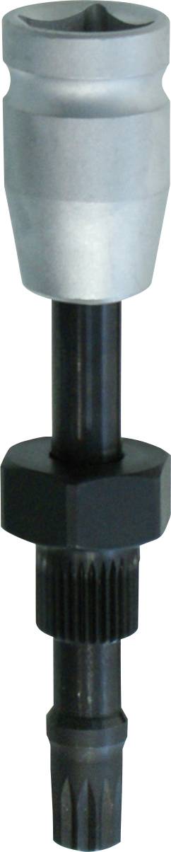 Ein Stahlwerkzeug mit versilbertem Kopf, sechskantiger Form und schwarzem gerilltem Schaft, das für Wartungs- und Reparaturarbeiten an Kraftfahrzeugen verwendet wird.