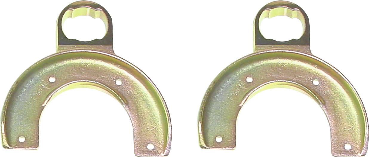 Zwei identische metallische sichelförmige Halterungen mit mehreren Löchern, jeweils mit einem runden oberen Bereich mit einer zahnradähnlichen Öffnung.