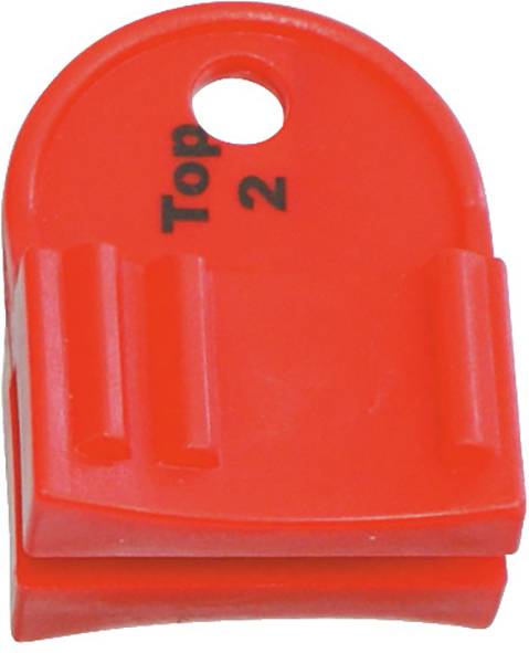 Roter Kunststoff-Verschlussclip mit der Beschriftung „Top 2