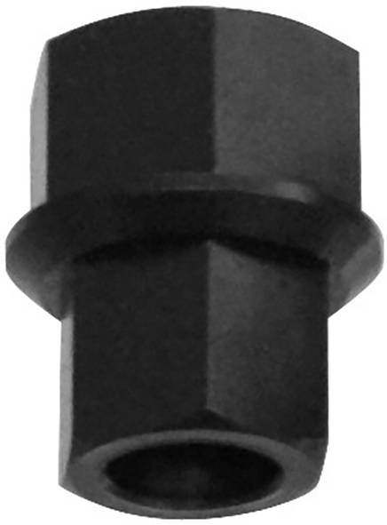 Eine sechseckige schwarze Radmutter, die zum Befestigen von Rädern an Fahrzeugen verwendet wird, in einer isolierten Darstellung.