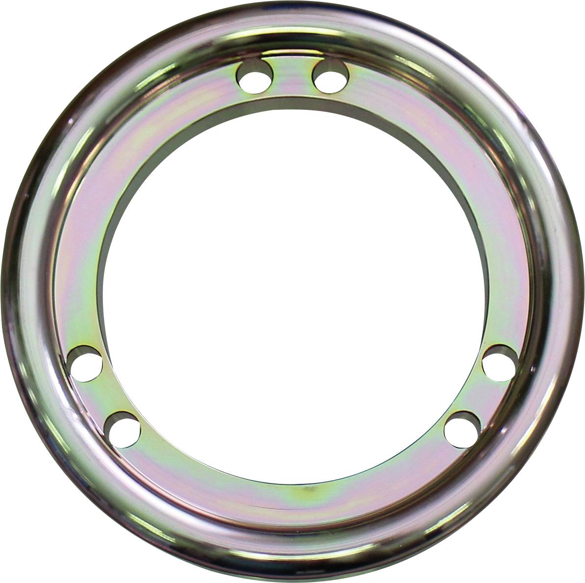 Ein glänzender Metallring mit sechs gleichmäßig verteilten Löchern rund um seinen Umfang.