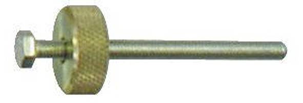 Ein Metallstab mit einem gerilltem Schraubenkopf, möglicherweise als Befestigungselement oder Einstellwerkzeug verwendet.