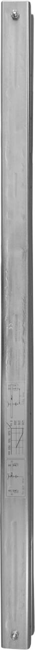 Ein vertikales Metalllineal mit eingegravierter Messskala in Zentimetern und Zoll.