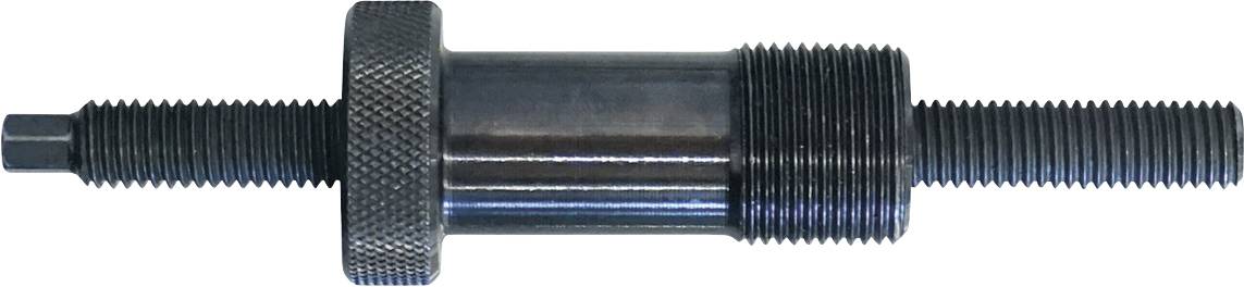 Ein zylindrisches Metalwerkzeug mit Gewinde an den Enden und einem gerillten mittleren Bereich, das für mechanische Anwendungen oder Montageprozesse verwendet wird.