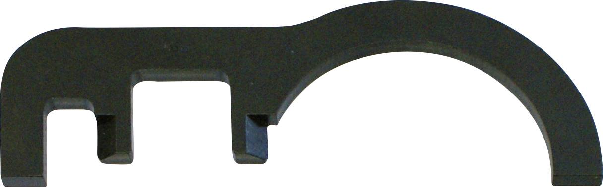 Ein schwarzes, gekrümmtes Metallwerkzeug mit einem großen halbkreisförmigen Ausschnitt und kleineren rechteckigen Kerben, möglicherweise ein Schraubenschlüssel- oder Spannwerkzeug-Aufsatz.