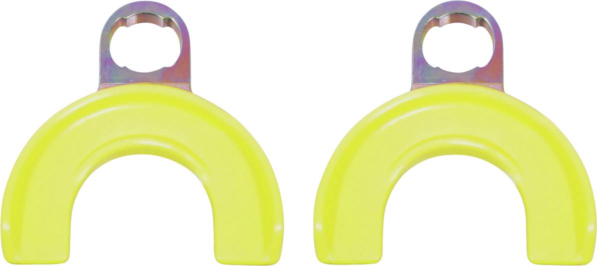 Zwei gelbe, U-förmige Metallklammern mit runden Löchern oben werden nebeneinander vor weißem Hintergrund angezeigt.
