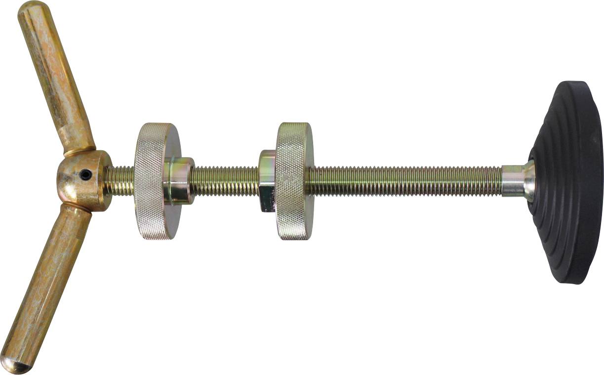 Ein Metallwerkzeug zum Abziehen von Lenkrädern mit T-förmigem Griff und Gewwindeschraube, das zum Entfernen von Lenkrädern ohne Beschädigungen verwendet wird.