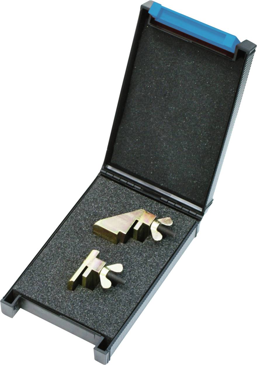 Ein offener schwarzer Koffer mit Schaumstoffinnenseite enthält zwei metallische Klemmen, die sich gegenseitig zugewandt sind und zur Befestigung von Objekten konzipiert sind.