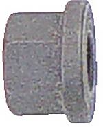 Eine sechseckige Metallmutter mit einem kreisförmigen Flansch, von der Seite gezeigt.