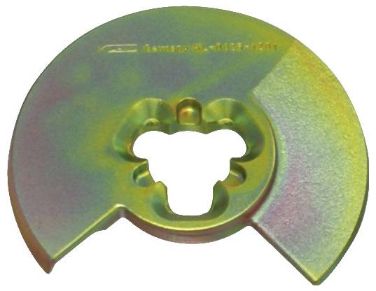 Ein metallisches, kreisförmiges Blatt mit einer zentralen Aussparung und einer glänzenden, schillernden Oberfläche. Der Text „format 63-4050-7081