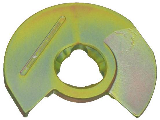 Eine kreisförmige Metallunterlegscheibe mit einem zentralen Loch und einer flachen Seite, die zum Ausrichten mechanischer Komponenten verwendet wird.