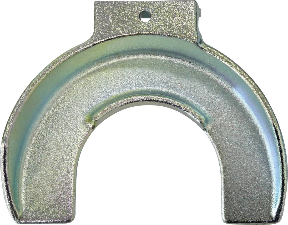 Eine metallische halbkreisförmige Komponente mit einer flachen Oberseite und einem Loch in der Mitte, vor einem einfachen Hintergrund betrachtet.