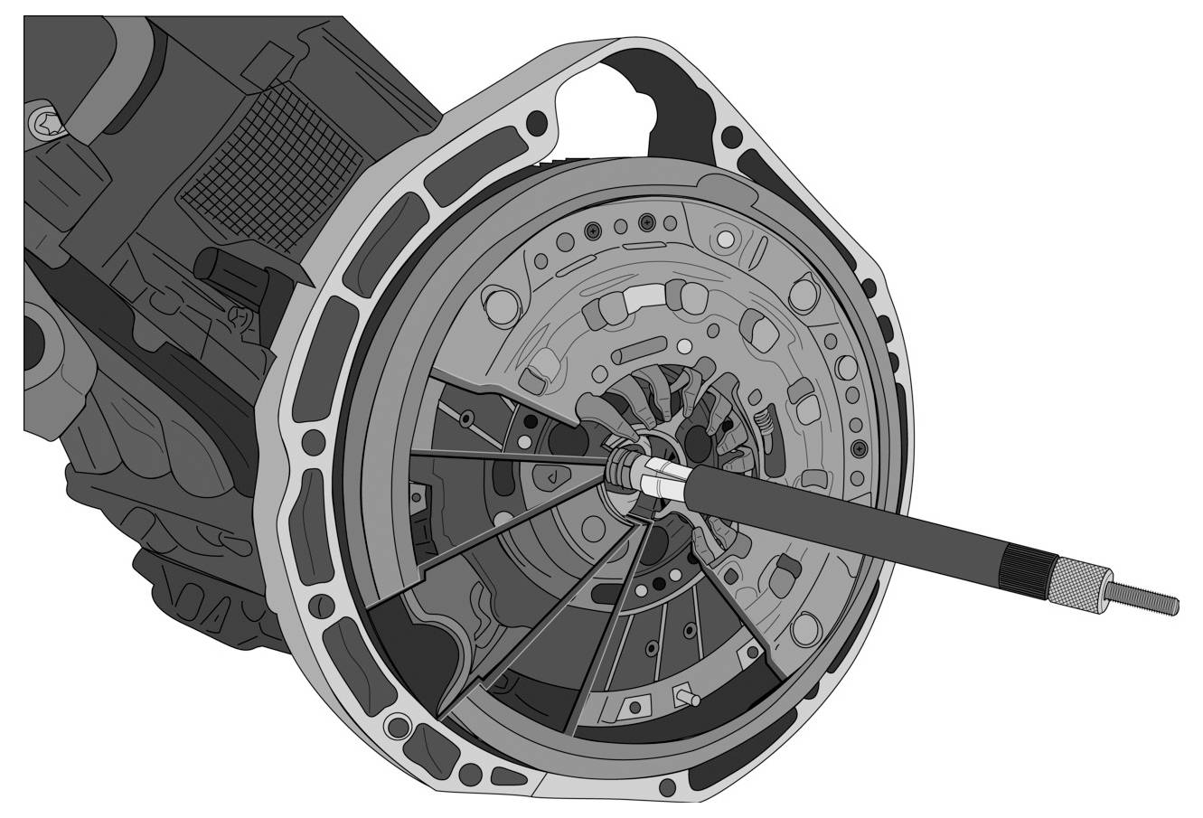 Darstellung eines Zahnrad-Abziehers für Schwungräder eines Fahrzeugs in Gebrauch, die detaillierte mechanische Komponenten in einer Schnittansicht eines Getriebesystems zeigt.