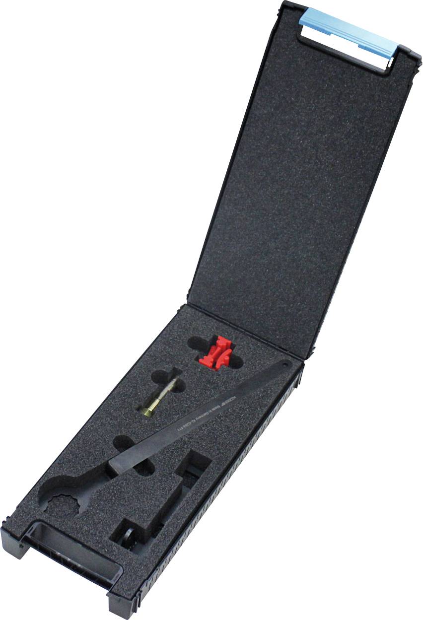 Werkzeugsatz in einem offenen, mit schwarzem Schaumstoff ausgekleideten Koffer, enthält einen Schraubenschlüssel, rote Werkzeugclips und weitere Komponenten, verwendet für Kfz-Reparatur oder Wartung.