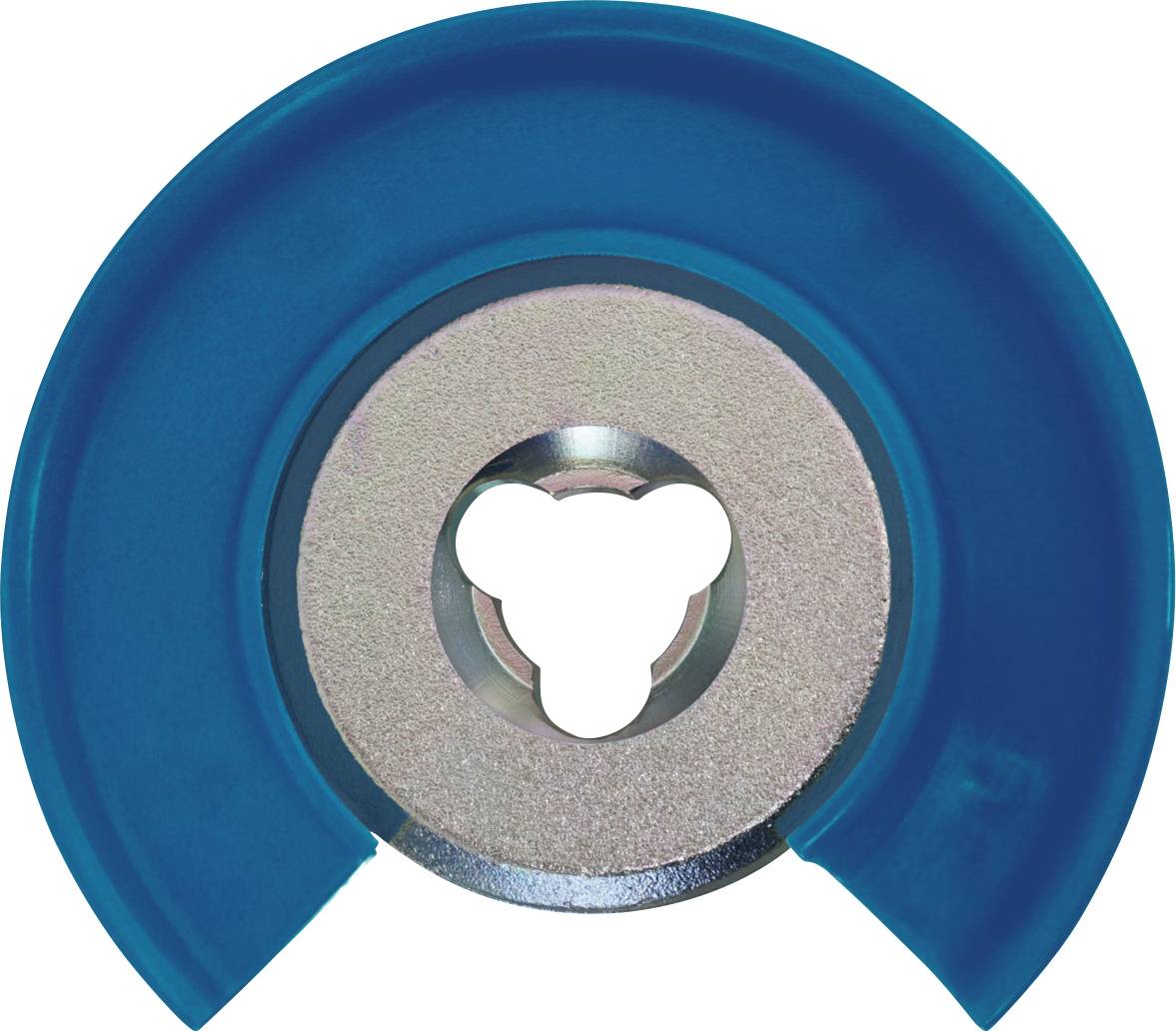 Ein blauer, kreisförmiger Schutzschild für Elektrowerkzeuge mit einer dreieckigen Öffnung in der Mitte, entwickelt zum Schutz von Benutzern während des Betriebs.
