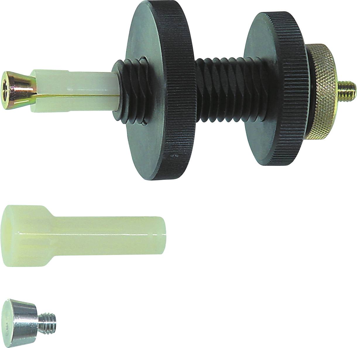 Ein Metall- und Kunststoffwerkzeug mit einem schwarzen Gewindelabschnitt, umgeben von mehreren abnehmbaren Teilen, wahrscheinlich für mechanische Montage oder Einstellung.