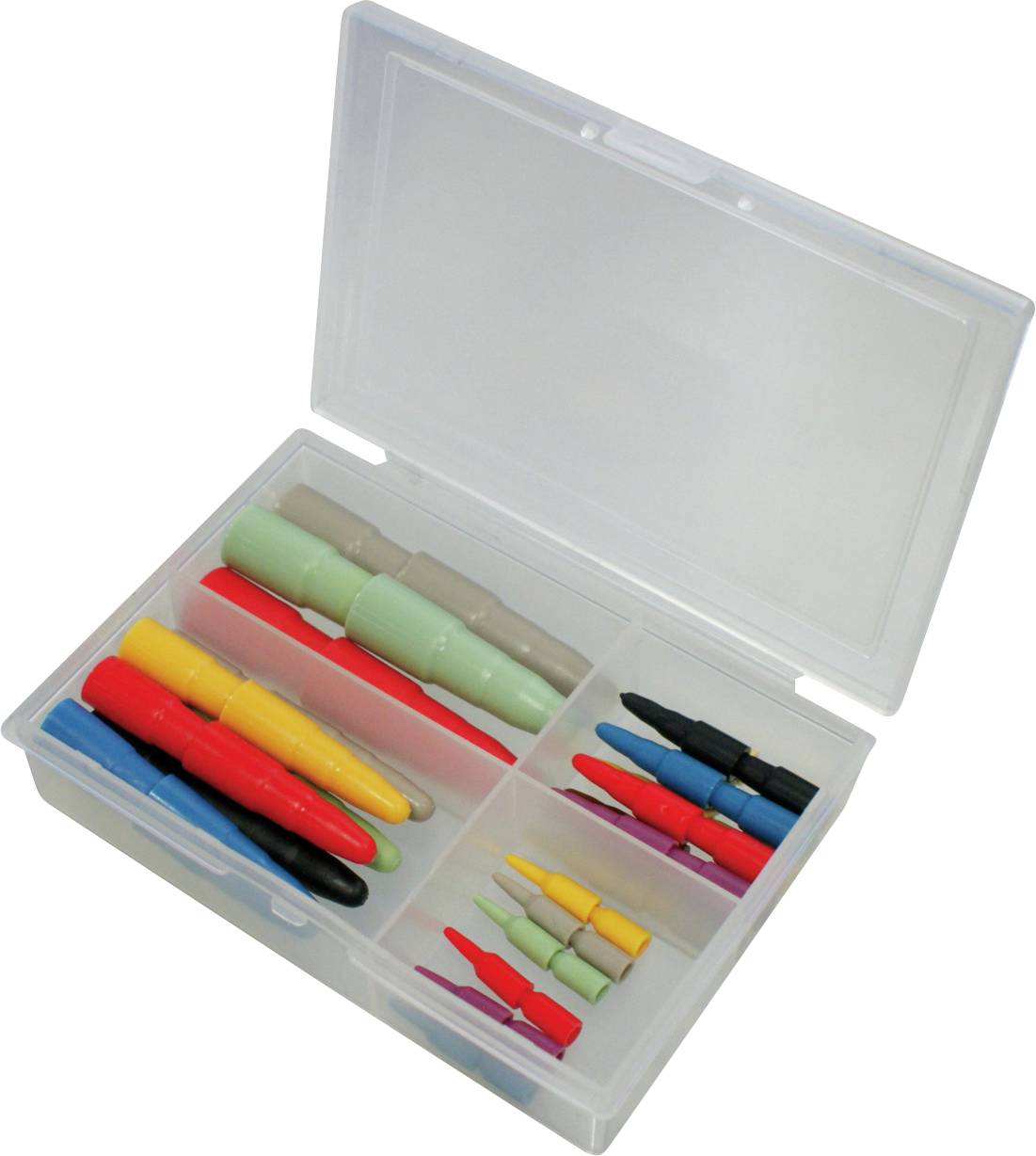 Kunststoff-Aufbewahrungsbox mit verschiedenen farbigen isolierten Steckern und Anschlüssen in separaten Fächern für elektrische Anwendungen.