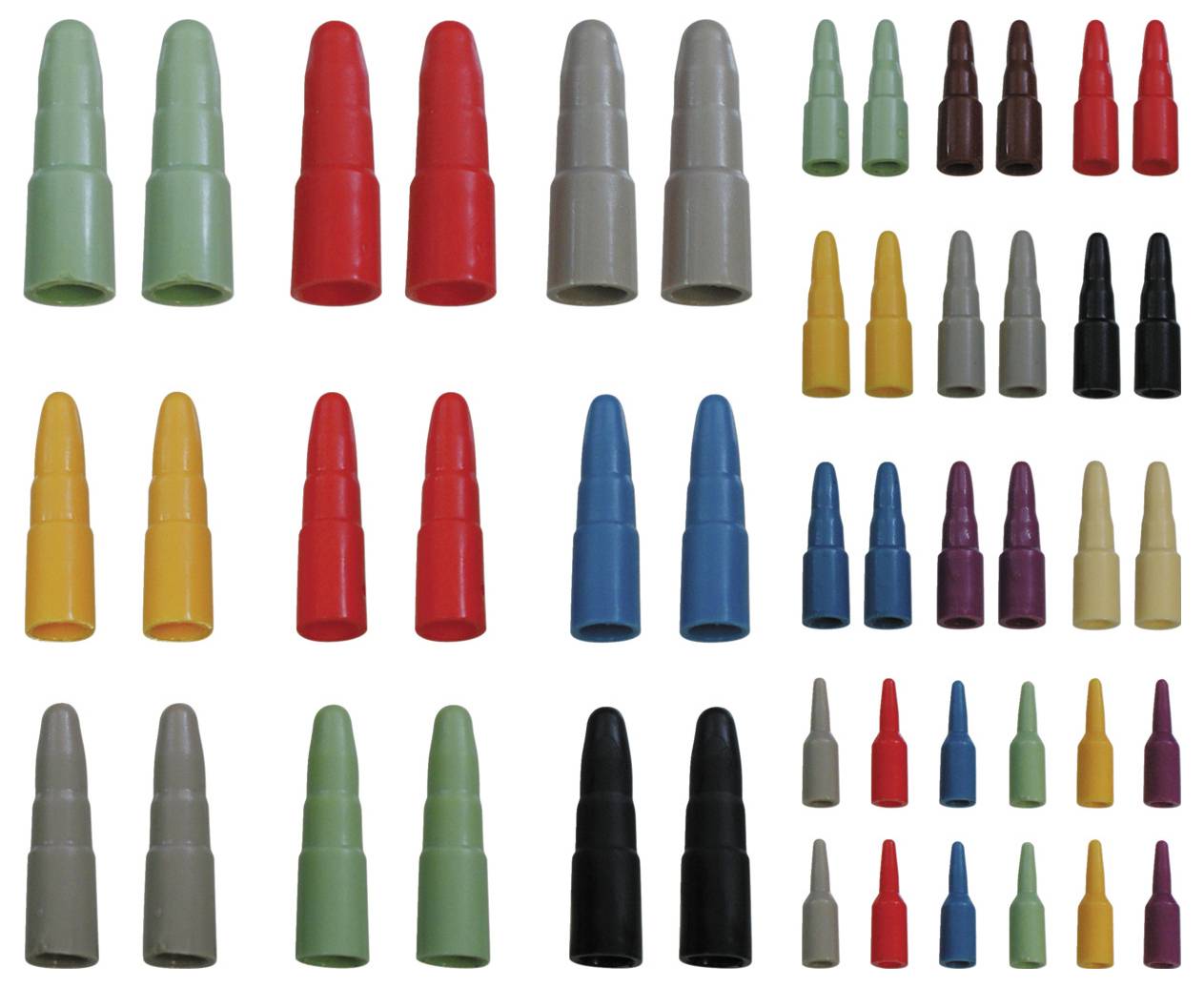 Mehrfarbige Drahtverbinder sind in Reihen angeordnet. Jede Reihe enthält Verbinder in derselben Farbe und zeigt eine Vielzahl von Farben.