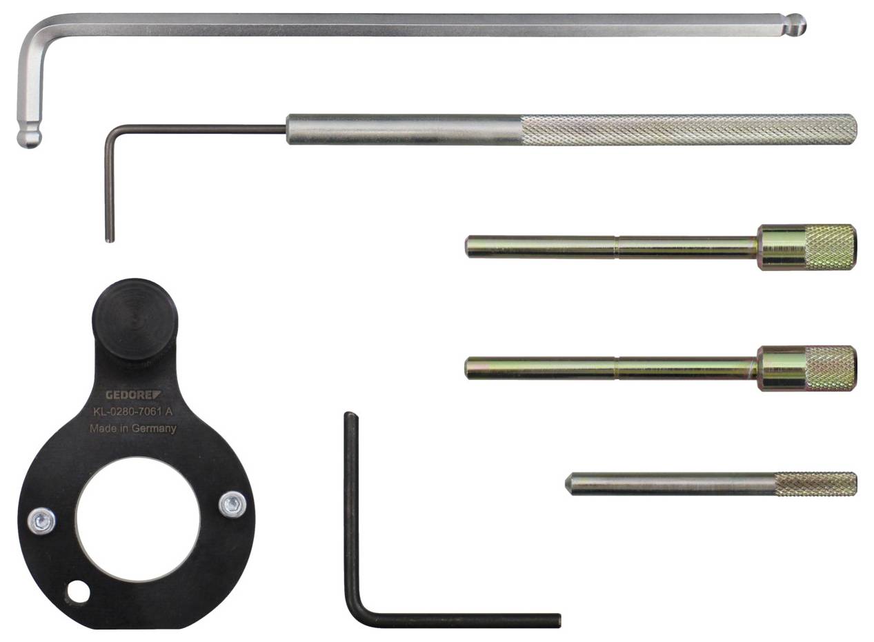 Ein Satz von Automobildiagnose-Werkzeugen, bestehend aus einer Rundanzeige, verschiedenen L-förmigen und geraden Metallstäben, die für präzise Einstellungen verwendet werden.