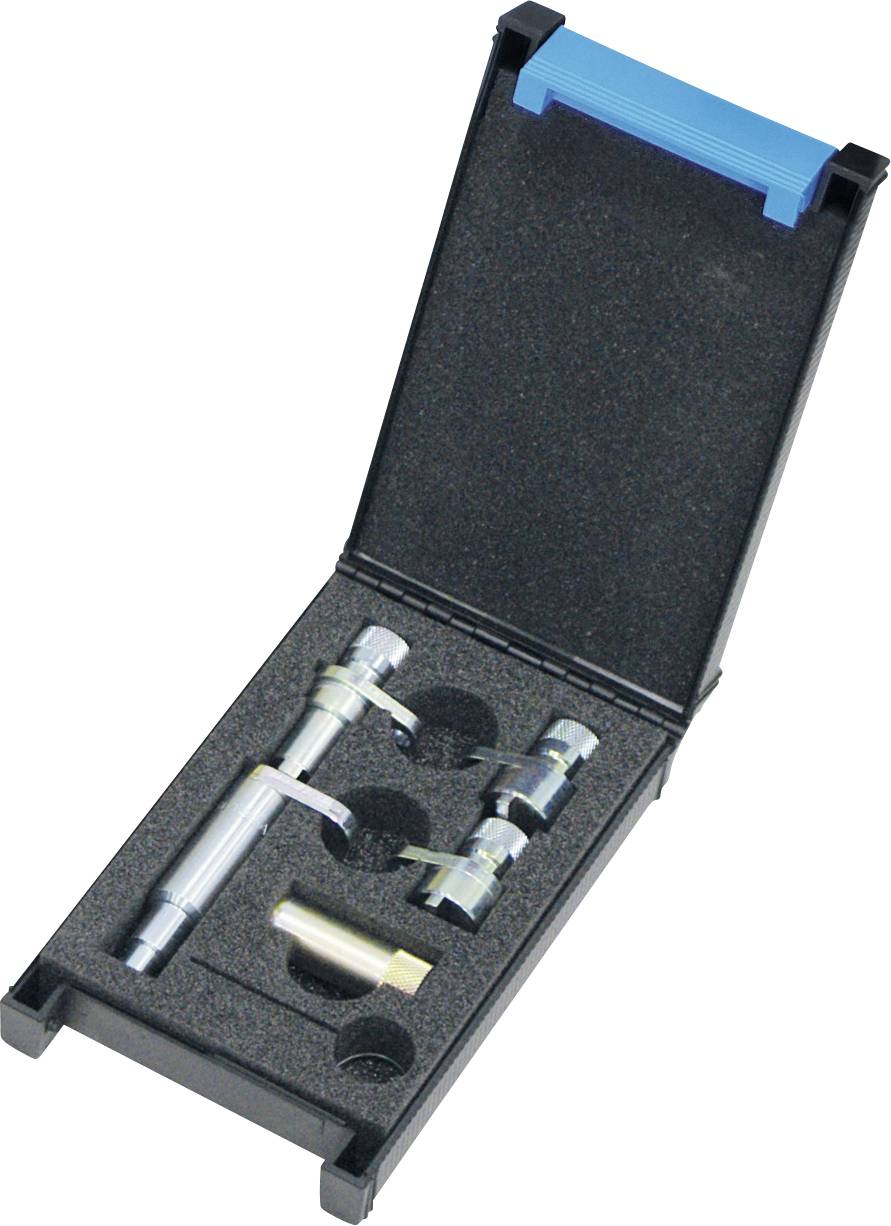 Schlosser-Werkzeugset in offener blauer Box mit mehreren metallischen Komponenten, die in Schaumstoff-Fächern für sichere Lagerung organisiert sind.