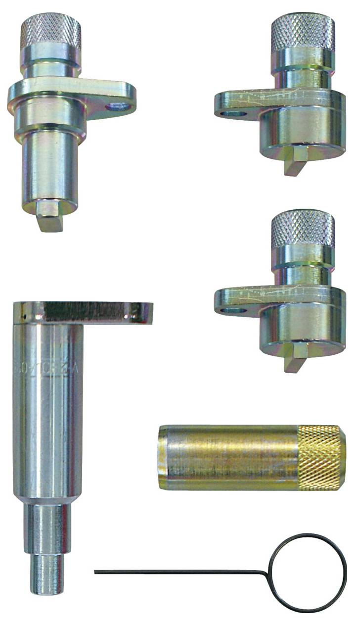 Ein Automotoreneinstellwerkzeugsatz mit verschiedenen Metallkomponenten, einschließlich zwei Verstellbolzen, einer Sperrnadel und einem Griff.