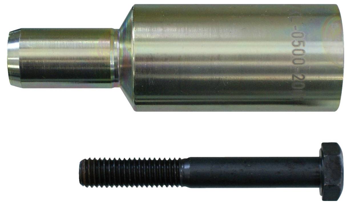 Ein metallisches zylindrisches Werkzeug mit einem Bolzen darunter, beide horizontal ausgerichtet.