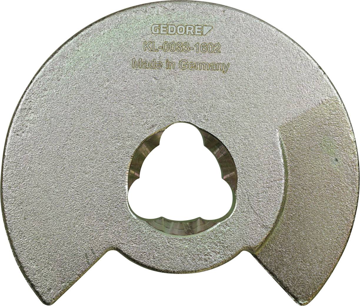 Ein metallisches kreisförmiges Werkzeugteil mit zentralem dreieckigem Ausschnitt. Text: 'GEDORE KL-0038-1602 Made in Germany'.