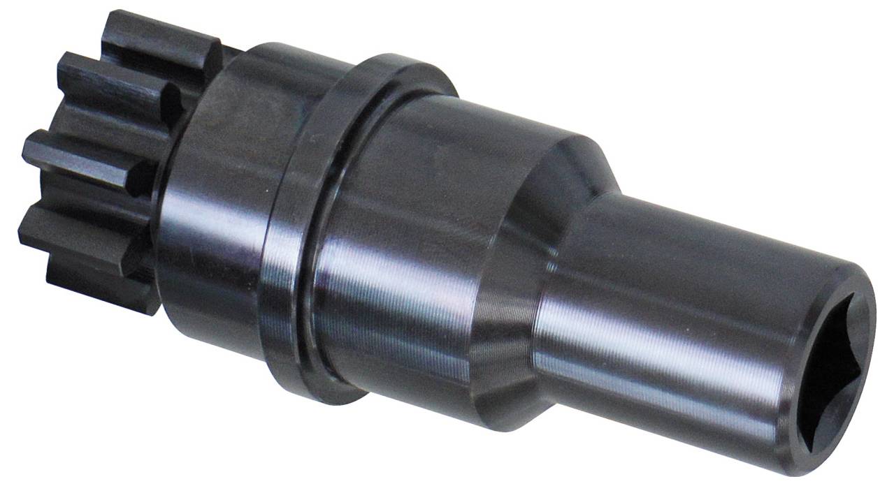 Eine metallische zylindrische Zahnradkomponente mit Zähnen an einem Ende, die häufig in Maschinen zur Übertragung von Bewegung und Kraft verwendet wird.