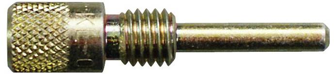 Ein Nahaufnahmebild einer Messingarmatur mit einem Gewinde-Ende und einer hervorstehenden Stange, die zum Befestigen von Komponenten in Maschinen verwendet wird.