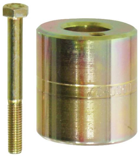 Ein metallischer zylindrischer Abstandshalter mit einem großen zentralen Loch befindet sich neben einem langen Gewindebolt.