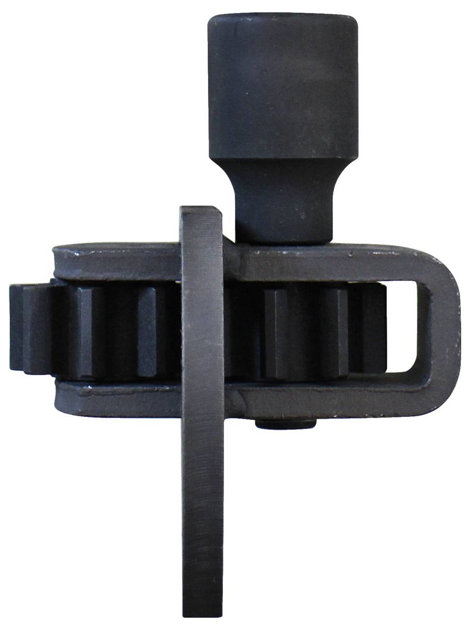 Ein schwarzes mechanisches Teil, das aus ineinandergreifenden Zahnrädern und einer zylindrischen Komponente besteht, möglicherweise verwendet in Industriemaschinen oder Ausrüstungen.