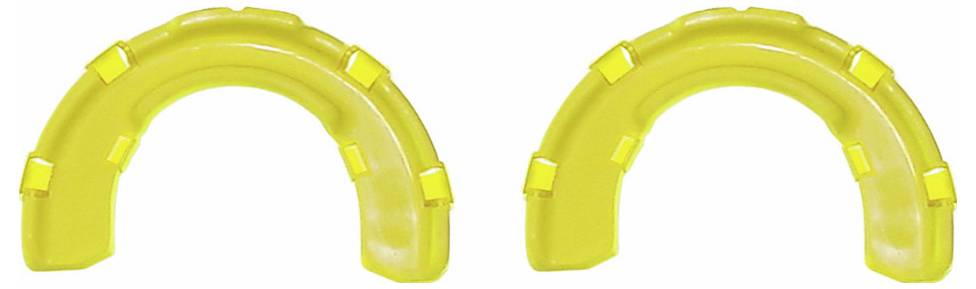 Zwei identische gelbe gewölbte Objekte mit einer glatten Oberfläche und kleinen rechteckigen Laschen, die gleichmäßig auf der Außenseite verteilt sind.