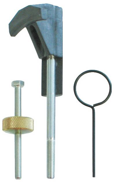 Drei Automobilwerkzeuge: ein Ventilfedraspanner, ein Bolzen mit gerilltem Knauf und ein an einem Ende geschleifter Drahtring.