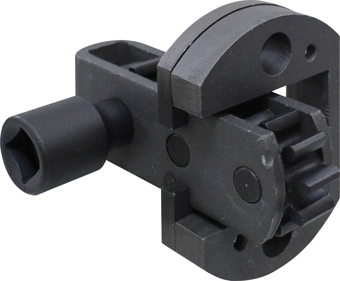 Ein Schraubstock-Blockwerkzeug zur Laufmontage, gezeigt in der Seitenansicht mit Schlitzen zum Spannen und einem sechskantigen Antrieb zur Drehmomentanwendung.