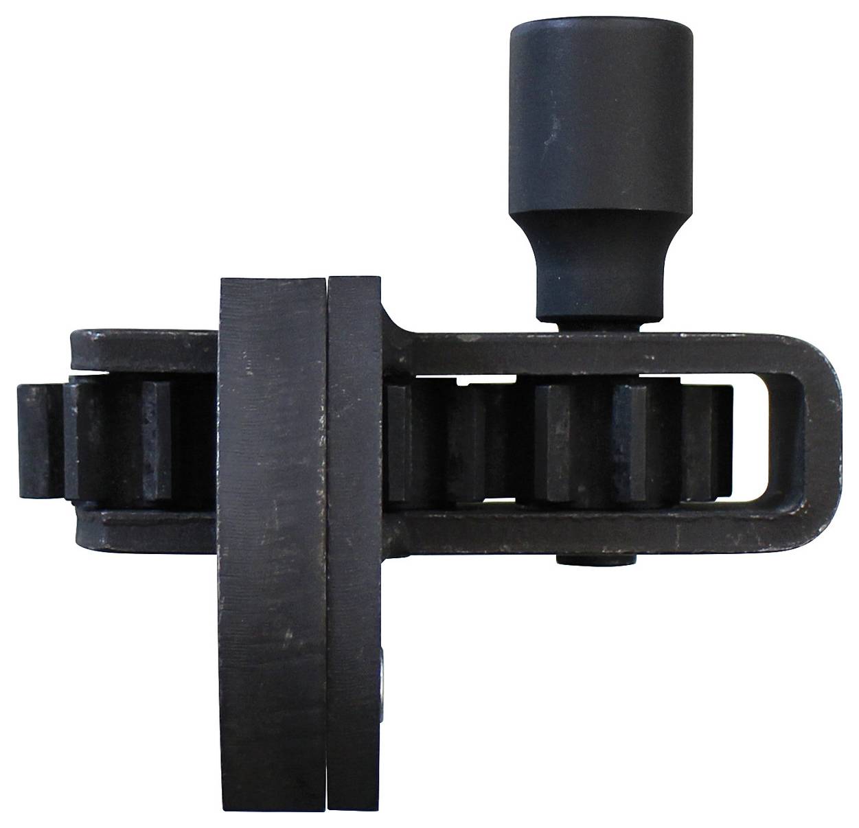 Eine Nahaufnahme eines schwarzen mechanischen Bauteils mit einem Zahnradmechanismus, mit einem zylindrischen Teil oben.