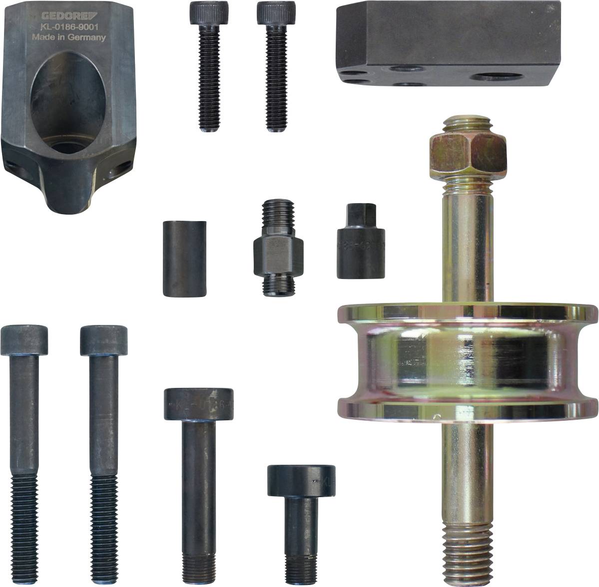 Satz von Metallwerkzeugkomponenten einschließlich Bolzen, Muttern und einem zentralen Teil mit der Aufschrift „GEDORE