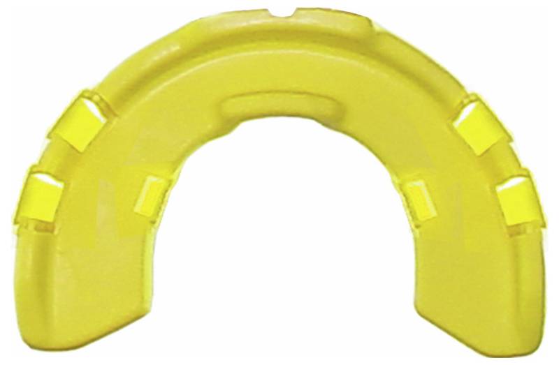 Ein gelber Schutzmundschutz mit gebogener Form und erhöhten Rändern, entwickelt, um über die Zähne zu passen und Sicherheit beim Sport zu bieten.