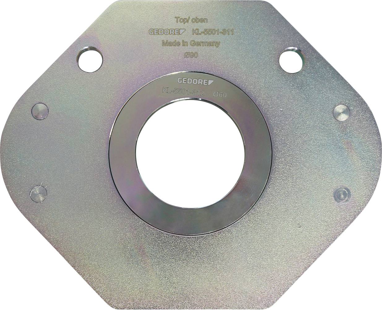 Ein Metallwerkzeug mit einer zentralen kreisförmigen Öffnung und einer sechseckigen Außenform. Graviert mit 'GEDORE', Modell XL-3031-611, 'Made in Germany'.