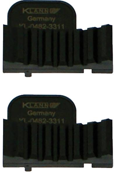 Zwei schwarze Kunststoff-Clip-ähnliche Objekte mit der Aufschrift 