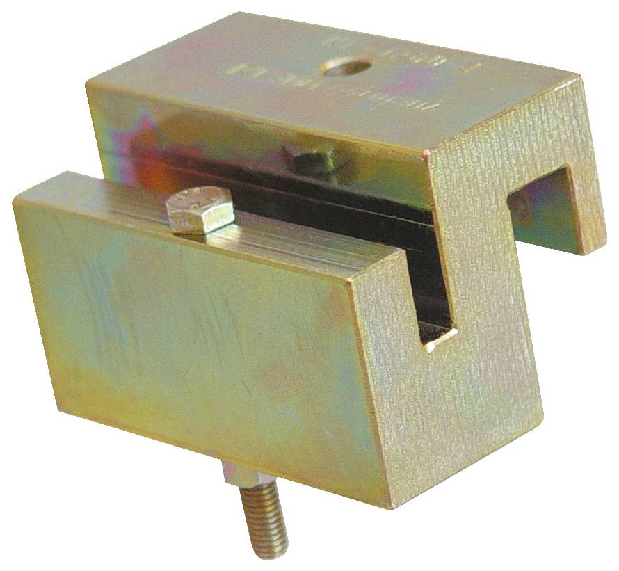 Eine Metallklemme mit einer verstellbaren Schraube, die zum Befestigen von Objekten verwendet wird. Die Klemme hat eine Goldoberfläche mit einer rechteckigen Form und einer Rillenöffnung.