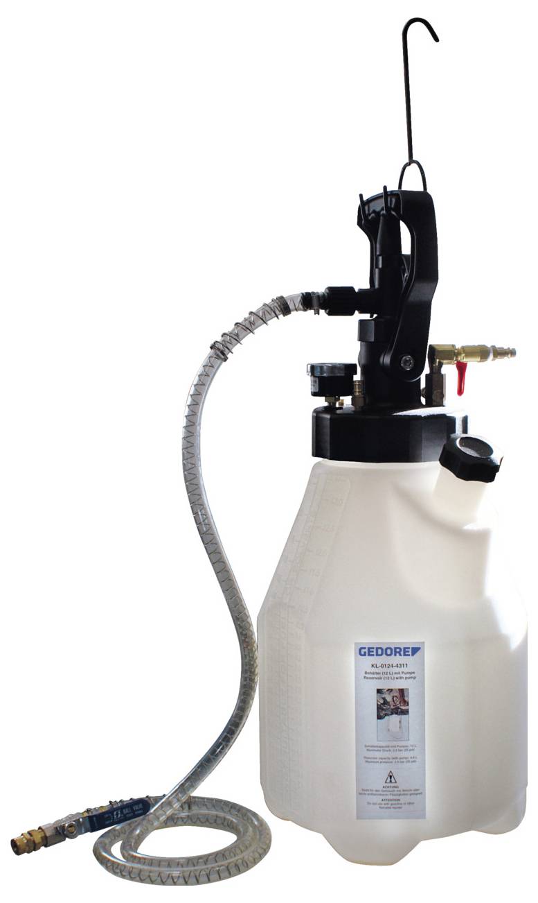 Eine weiße tragbare Drucksprühflasche mit einem gekrümmten Düsenschlauch und einem schwarzen Griff. Auf der Vorderseite des Behälters befindet sich ein Etikett.