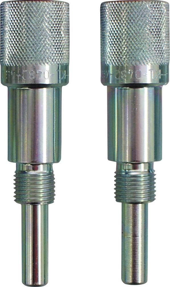 Zwei metallische Stiftlehren mit strukturierten Griffen, zylindrisches und Gewinde-Design, verwendet für präzise Messung und Prüfung in der Technik.