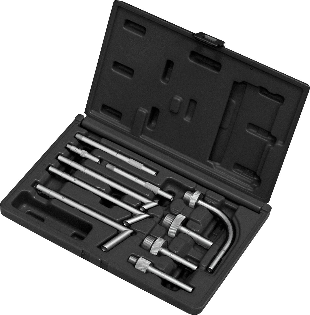 Ein offener schwarzer Kunststoffkoffer mit einem Satz Präzisions-Handwerkzeuge, einschließlich verschiedener Metallstäbe und Schraubenschlüssel, ordentlich darin angeordnet.