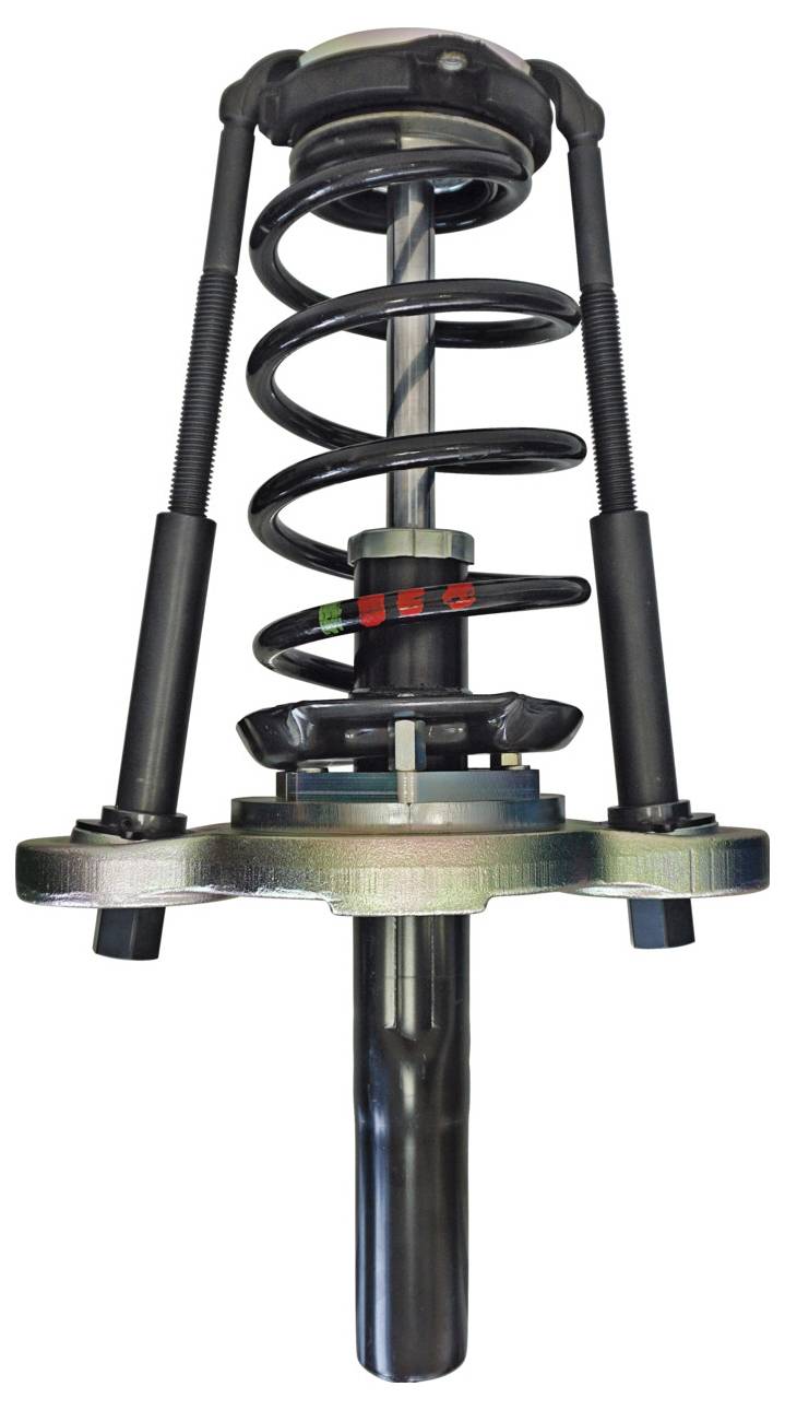Eine Aufbau einer Fahrzeugaufhängungsstrebe mit einer Schraubenfeder, einem Stoßdämpfer und Befestigungsteilen, ausgelegt für Fahrzeugstabilität und Komfort.