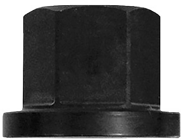 Eine von oben betrachtete schwarze sechseckige Metallmutter, die ihre flache Oberseite und die gewindete innere Oberfläche zeigt.